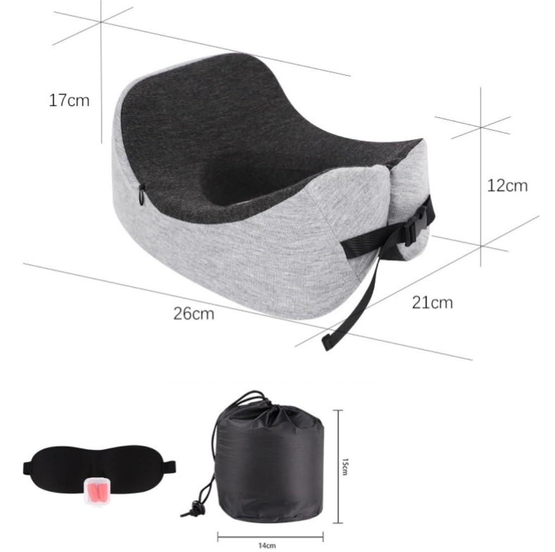 Compact Coussin De Voyage Oreiller De Voyage en Mousse À Mémoire Forme, Cervical Coton pour Avion avec Cache-Yeux Et Sac Rangement pour Bouchons d'oreilles Adultes Bureau