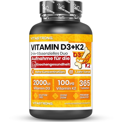 Vitamin D3 + K2 Vitastrong 365 Hochdosierte Tabletten Vorrat von 1 Jahr 2000 IE Vitamin D3 100 g Vitamin K2 MK-7 Vegetarisch Glutenfrei Gentechnikfrei Ohne Zusätze Laborgeprüfte Qualität