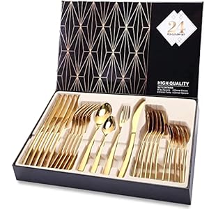 Golden Cutlery Set, 24 Pieces for 6 People, Cutlery Set with Gift Package, Steak Knife, Fork, Tablespoon, Teaspoon, Stainless Steel Cutlery Set, Mirror Polished Design for Kitchen, Restaurant