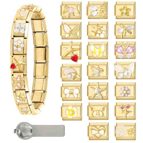 papasgix Italian Charm Bracelet Charms Gold Set with 1pc Gold Starter Brascelet 20pcs Assorted Charms 1pc Opening Tool 9mm Modular Italian Charms Bracelets Links Handmade DIY Jewelry