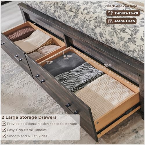 RedLemon-Farmhouse-Queen-Size-Bed-Frame-w-54-Tall-Geometric-Headboard-Rustic-Wood-Platform-Bed-w-2-Large-Storage-Drawers-Wood-Slats-Support-Noise-Free-No-Box-Spring-Needed-Dark-Rustic-Oak RedLemon Farmhouse Queen Size Bed Frame w 54 Tall Geometric Headboard Rustic Wood Platform Bed w 2 Large Storage Drawers Wood Slats Support Noise Free No Box Spring Needed Dark Rustic Oak