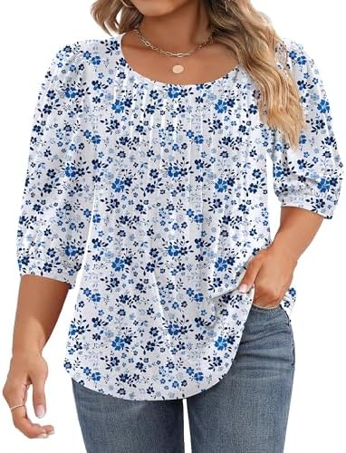 Ficerd Women's Plus Size Tunic Tops 3/4 Puff Sleeve Shirts Crew Neck Blouses Curved Hemline Pleated Design XL-5XL