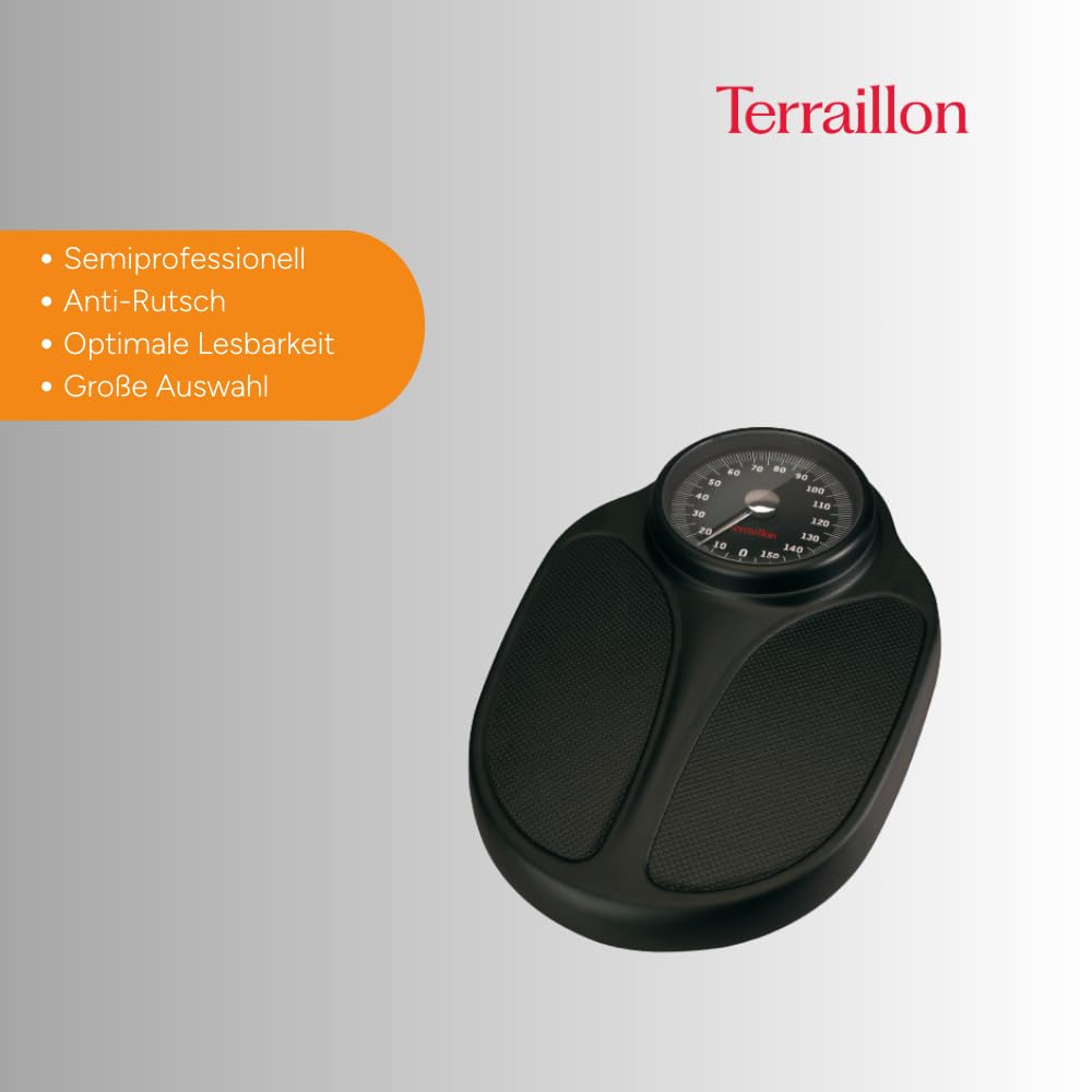 TERRAILLON Mechanische Personenwaage – Semiprofessionell, Anti-Rutsch-Beschichtung, Große Anzeige, 160kg max. – Modell „TPRO Plus“ in Schwarz