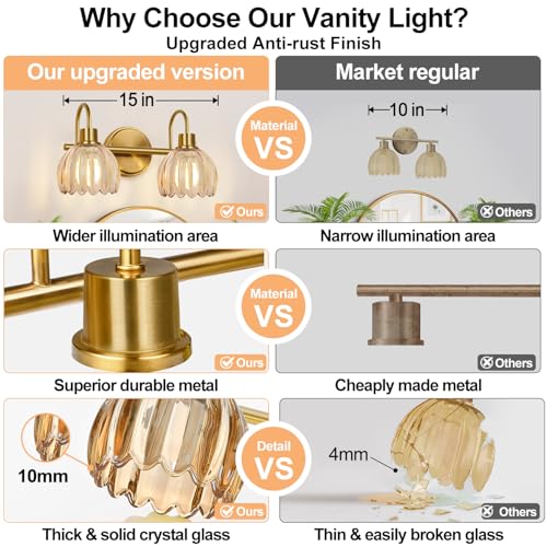 Image of Bathroom Light Fixtures, 2-Light Brushed Gold Vanity Lights for Bathroom with Ribbed Amber Tulip Glass Shade, Vanity Lights Over Mirror for Bedroom, Living Room, Hallway