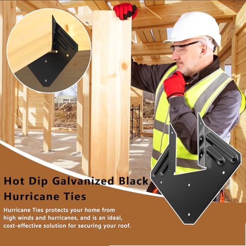 Image of 20pcs Hurricane Ties for Rafter, 14-Gauge Hurricane Straps Brackets Fit 2x4, 2x6 Truss to Rafter Connector, Hot Dip Galvanized Black Joist Hangers for Roofing Wood Timber, Hurricane Clips with Gloves