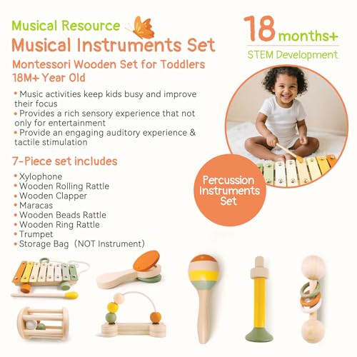 Pajojoqa 7pcs Musical Instruments Set 18M+ Montessori Toys 2 3 4 Neutral Colors Wooden Toys for Toddlers 3-5 Percussion Instruments Modern Boho Xylophone Sensory Gifts Boys Girls - image 7