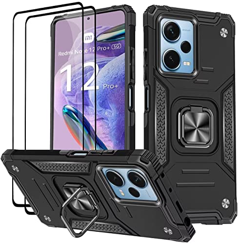 KANSi Funda para Xiaomi Redmi Note 12 Pro Plus/Redmi Note 12 Pro+, Cristal Vidrio Templado [2 Piezas] Capa Anillo iman Soporte Hard PC y Silicona TPU Antigolpes Armor Carcasa   Negro
