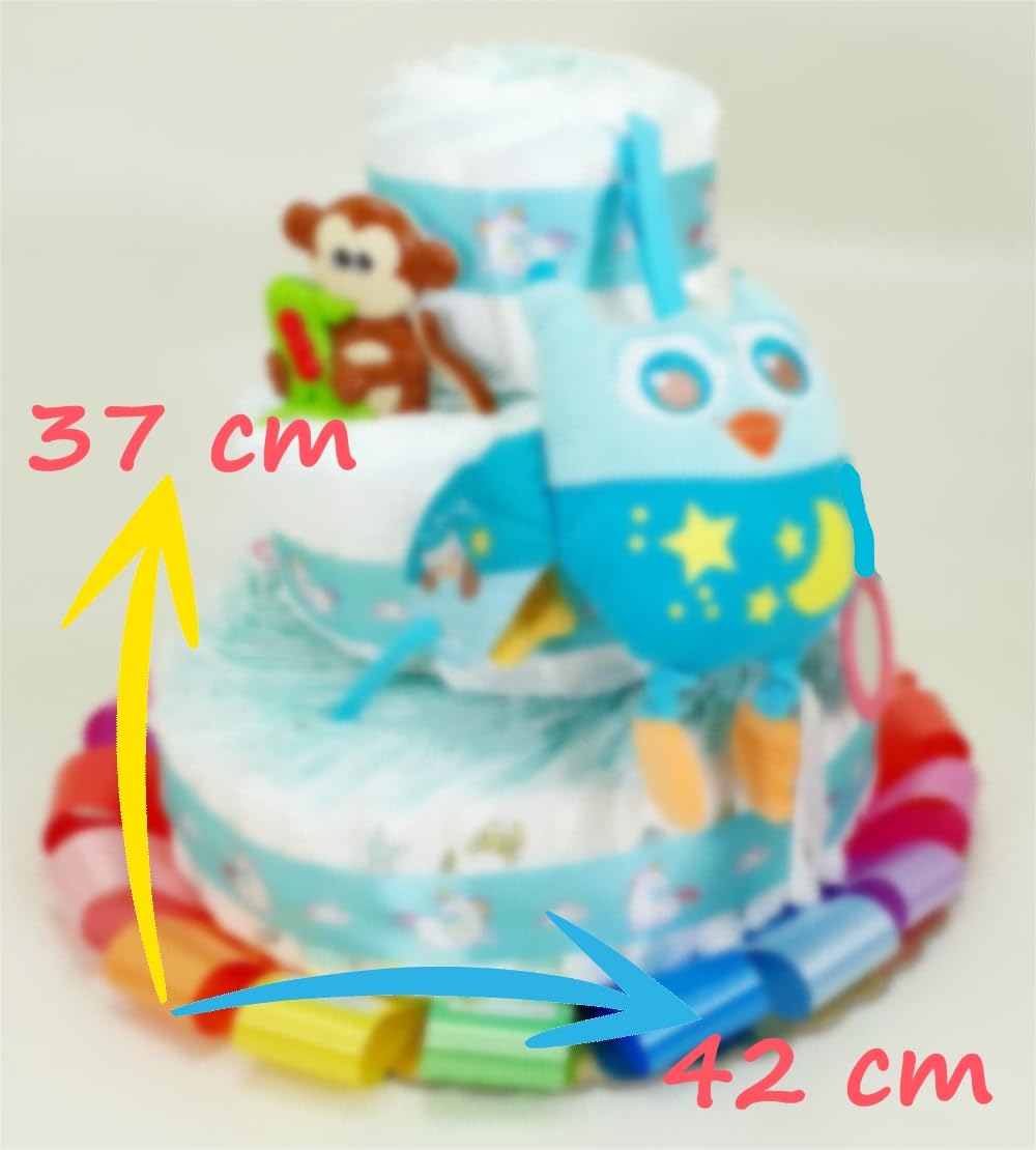 Tarta de pañales de 3 pisos multicolor Owl con 68 pañales (48 tamaño 3/6 kg + 20 tamaño 4/9 kg)