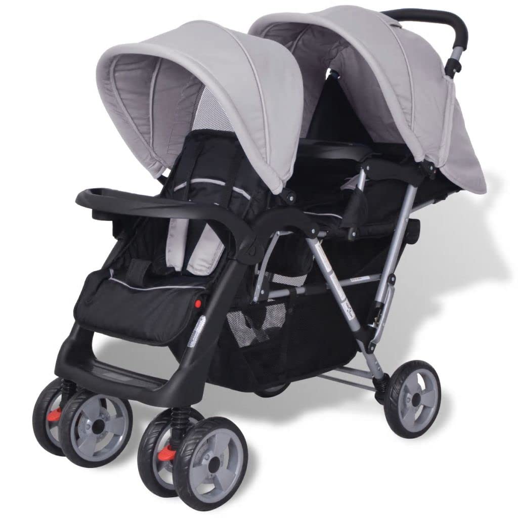 ZHOUMIN Passeggino Gemellare a Tandem in Acciaio Grigio e Nero,Passeggino,Passeggino Carrozzina