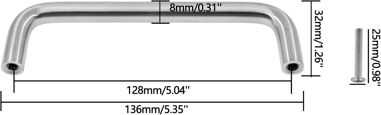 Cabinet Pull Handle,SUS304 Drawer Handle, U Shape Closet Handle,Solid Silver D-Shape Door Handle,Heavy Duty Industrial 128mm/5''Hole Center Cabinet Hardware for Bedroom Bathroom Kitchen,6PCS
