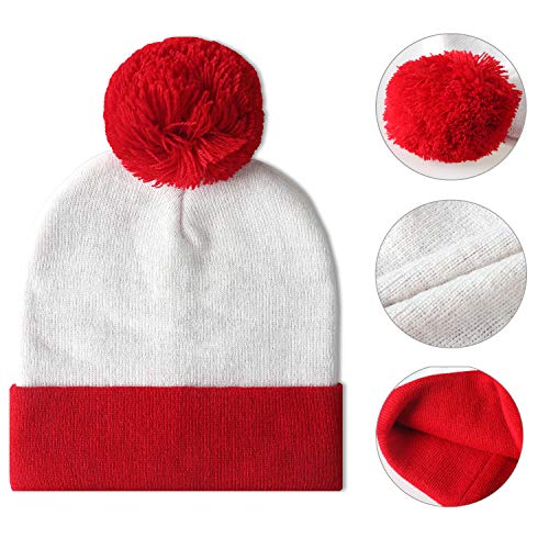 1 Pack Pom Pom Cuff Beanie Costume Hats Halloween Costume Red White Pom Pom Beanie Hat Christmas Cuff Knit Hat