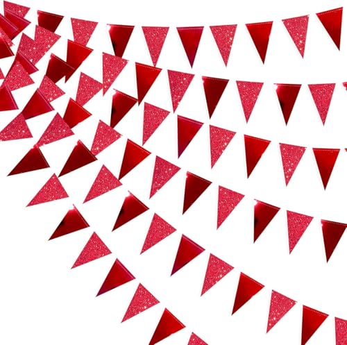 Image of 30Ft Red Party Decorations Glitter Metallic Paper Triangle Banner Flag Pennant Bunting for Graduation Wedding Engagement Anniversary Bachelorette Birthday Bridal Shower Valentines Hen Party Supplies