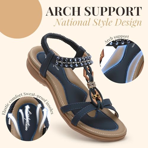 Image of Littleplum Womens Sandals Arch Support Slingback Rhinestone Dressy Sandals Comfort Summer Shoes Ankle Strap Elastic Flats for Beach Walking