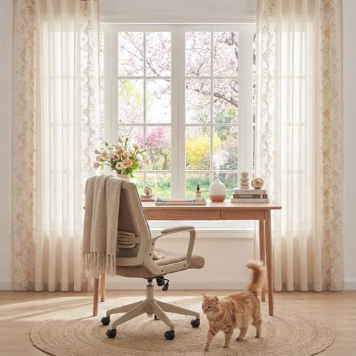 Image of jinchan Floral Linen Curtains, Back Tab 50x84 Inch, 2 Panels Beige