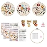 OUTALIZ 3 Sets Stickstich Übungsset, Stickerei Starter Kits für Anfänger, Blumenmuster Embroidery, Pflanzen Stickset mit 1 Stück Plastik Stickrahmen, Farbfäden, Anleitung und Werkzeuge, für DIY Kunst