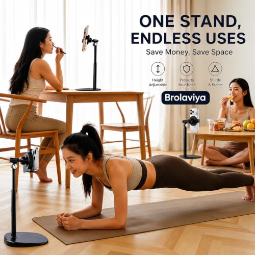 Image of BROLAVIYA 2-in-1 Magnetic & Clip Phone Stand for Desk, Adjustable Height Mobile Holder, MagSafe-Compatible Mount with Phone Clamp, 360 Rotation for Live Streaming, Recording, Video Calls & Cooking