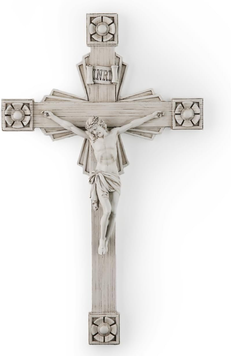 BC Catholic Crucifix Wall Cross, Jesus Christ Home Decor, Wood Carve Looking, Religious Gift, Grey White Finish, 12"H, Hand Painted by Buildclassic