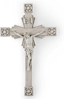 BC Catholic Crucifix Wall Cross, Jesus Christ Home Decor, Wood Carve Looking, Religious Gift, Grey White Finish, 12"H, Hand Painted by Buildclassic