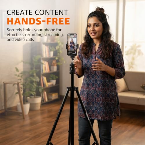 Image of Amazon Basics 78-Inch (200 cm) Aluminium Tripod with Bluetooth Remote & Mobile Holder, Phone Stand for Ring Light, GoPro & Camera, for Video Recording, Streaming, Reels & YouTube, 5 Kg Load Capacity