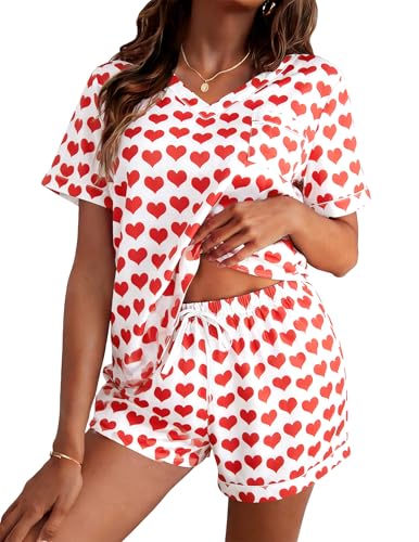 Image of ASTANFY Valentines Day Pajamas Women 2 Piece Silk Valentine Pjs Cute Heart Pajamas V Neck Satin Sleepwear Loungewear Set