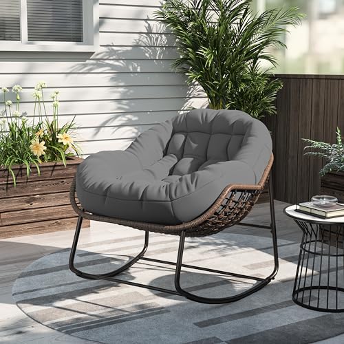 Xnferty Mecedora con Cojín 90x105x80cm, Mecedora para Patio, Cómoda Sala de Estar Mecedora con Tapizado, Silla de relajación con Soporte, Exterior Sillón Relax, Jardín, Dormitorio de Cuchillo (Gris)