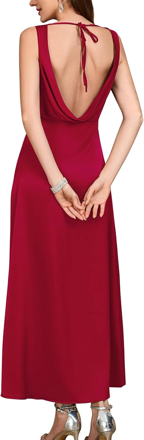 Satin V Neck Sleeveless Tie Backless Cocktail Party Maxi Dress for Women
