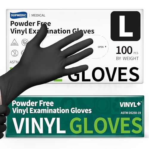 Supmedic Vinyl Disposable Exam Gloves, Black 4 Mil Powder-Free Latex-Free Medical Food-Safe Cooking Cleaning Glove, 100 Pcs (Large)