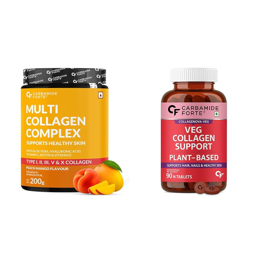 Carbamide Forte Hydrolyzed Multi Collagen 5x Powder - Peach mango Flavor -200g & 100% Veg Collagen Supplements For Skin & Hair - 90 Tablets-image-26