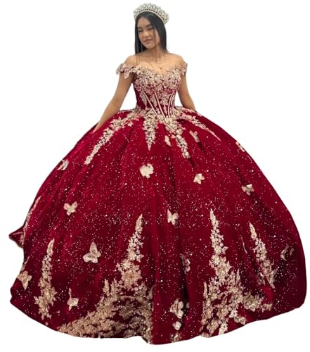 Youjiayi Sparkly Velvet Quinceanera Dresses Off Shoulder Sequin Sweet 16 Dress with Train Gold Lace Appliques Long Ball Gown