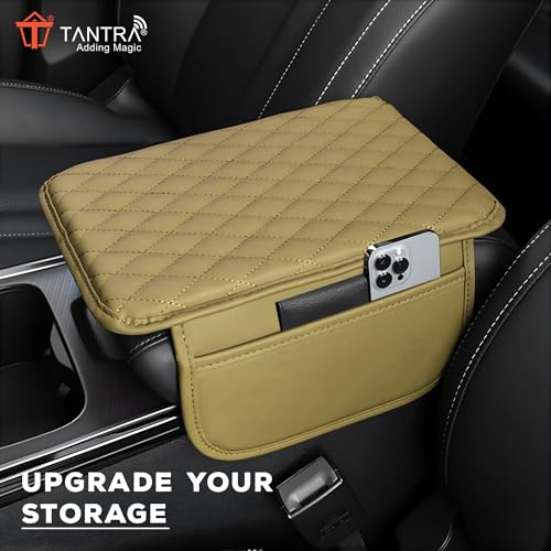 Image of TANTRA Car Armrest Cover Cushion with 2 Storage Bags - Soft, Comfortable, Non-Slip Protector for Vehicle Center Console - Waterproof, Durable, and Stylish (Beige)