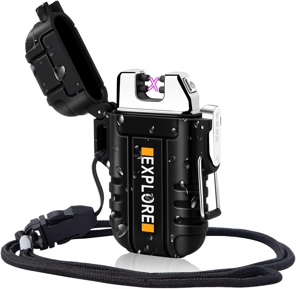 Lcfun Waterproof Outdoor Windproof Dual Arc Electric Lighter - Rechargeable Flameless Plasma for Camping, Hiking, Outdoor Adventure, Survival Tactical (Black) - ABS