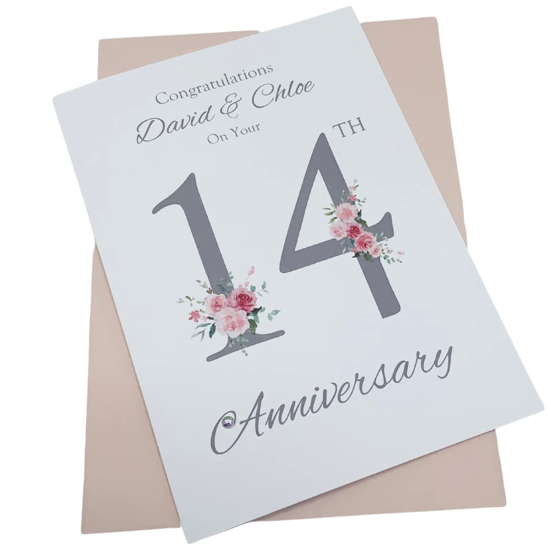 14th Wedding Anniversary Card - Ivory 14 Year Fourteenth Anniversary Greeting Card, Personalised Gift for Wife, Husband, Parents, Couple Friends - Various Designs (Floral Number) โ image 1