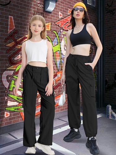 Image of Cromoncent Cargo Pants Girls & Women Parachute Pants Y2K Baggy Rave Clothes Waterproof with Pockets, 6 Years - 3XL