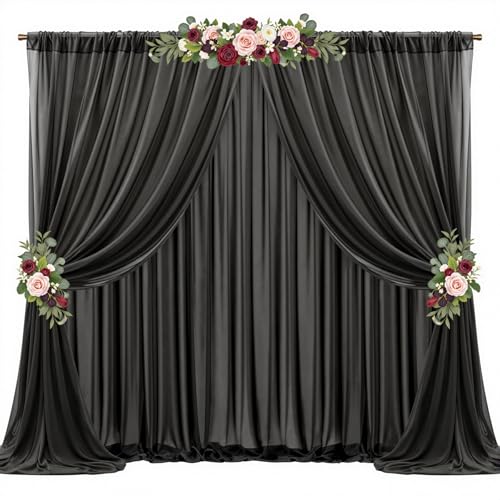 20ft x 10ft Black Backdrop Curtains, Wrinkle-Free Sheer Chiffon Fabric Photo Background Drapes for Wedding Arch Party Ceremony Stage Photography Decorations