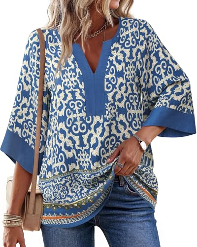 Bebonnie Women Blouses Dressy Casual 3/4 Sleeve V Neck Floral Loose Fit Tunic Tops2