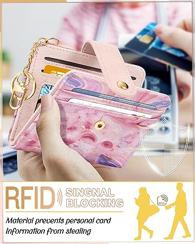 Image of Bistup Small Card Wallet for Women with Keychain, Pink Agate | Clear ID Window, Compact Design for Daily Carry, Durable Material, Sturdy Keychain, Aesthetic