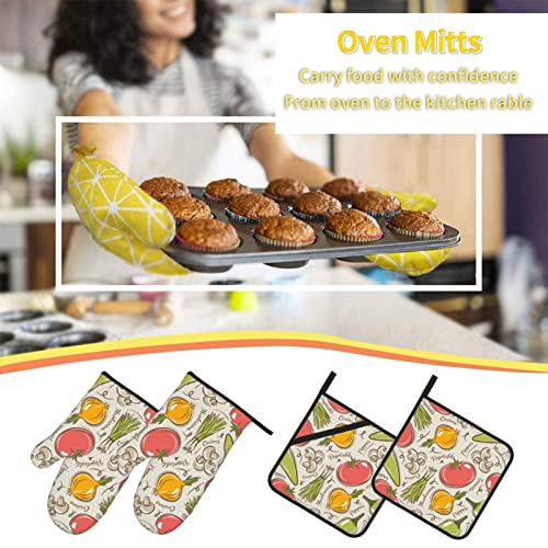 Vegetable Fruit Print Oven Mitts Potholders Set Heat Resistant Oven Mitts Gloves Potholder For Cooking Grilling (4-Piece Set) #TOP6