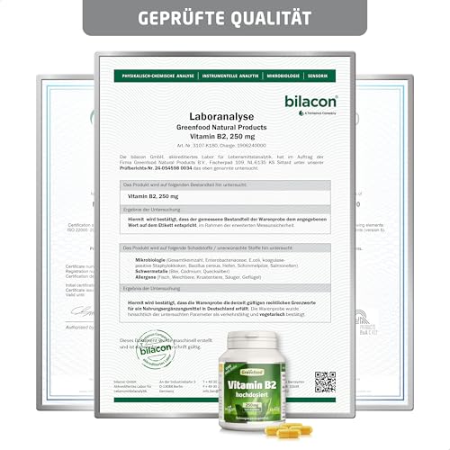 Vitamin B2, hochdosiert, 250mg - 120 Kapseln, vegan. Riboflavin – unterstützt Energiestoffwechsel, Sehkraft, Haut & Nerven. OHNE künstliche Zusätze - laborgeprüft. Von Greenfood.