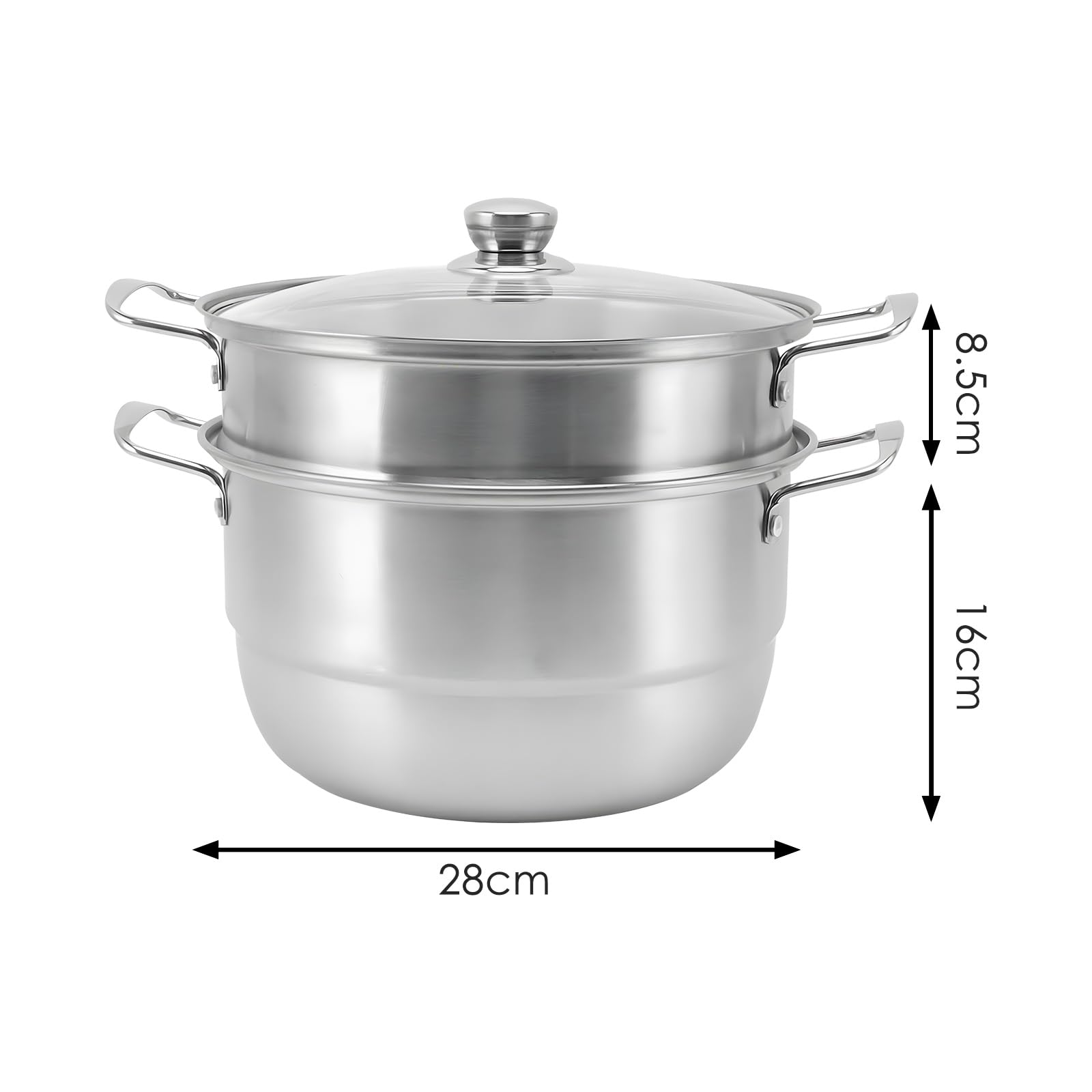 Vaporera de Acero Inoxidable 28cm, Olla de Cocción al Vapor con Tapa de Vidrio para Verduras Pescado Camarones Huevos (Tres capas)