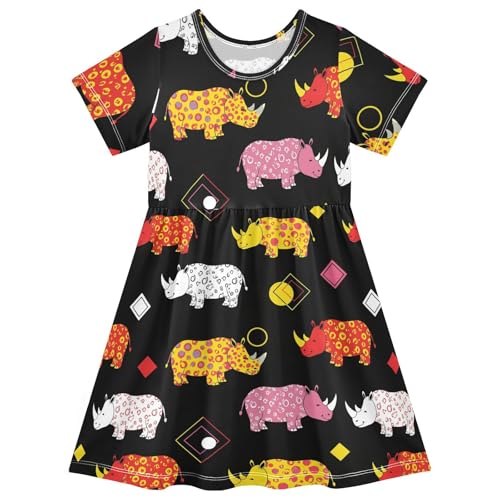 Girls Summer Dress Short Sleeve A Line Colorful Rhinos on Black Casual Dresses for Kids 2-8 Years