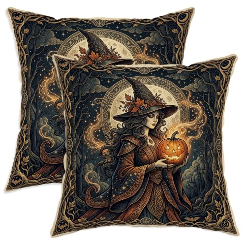 Witch Throw Pillow Covers Set of 2, Gothic Mystical Pumpkins Moon Halloween Black with Hidden Zipper Square Pillow Cases for Home Living Room Bedroom Dorm Couch Decor 20x20 Inch