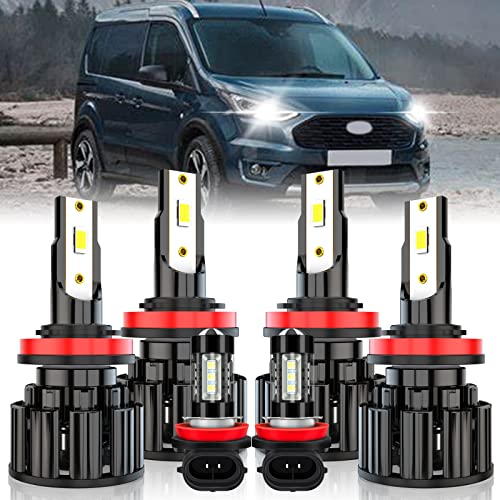 PCVBMLAUT Compatible with Ford Transit Connect 2014-2020 LED Headlight Bulbs, H11 High Beam + H11 Low Beam + H11 Fog Light Bulbs Kit, 60W 10000LM 6000K White, Plug and Play, 6 Bulbs