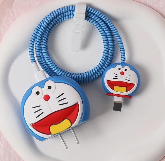 Image of Meyaar Silicone Protective Case for Apple 20W & 18W iPhone USB-C Power Adapter Charger and for USB Lightning Cable, 3D Cartoon Case for iPhone Charger 18W /20W Only (Dore.mon (Blue))