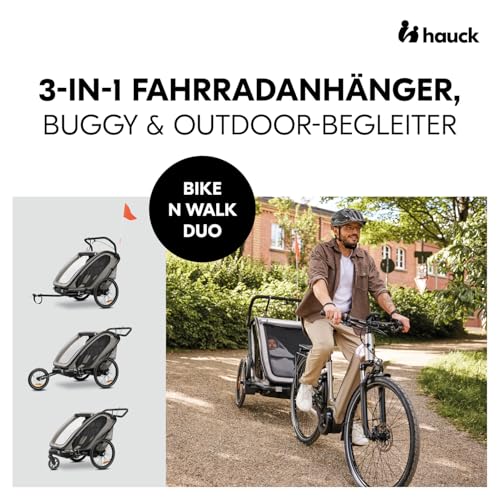 hauck Bike N Walk Duo, Light Grey - 3in1 Fahrradanhänger Komplett Set für 2 Kinder 6M+ bis 22 kg / 120 cm mit Federung, Handbremse, Verstellbare Rückenlehnen, Kofferraum, Inkl. Zubehör
