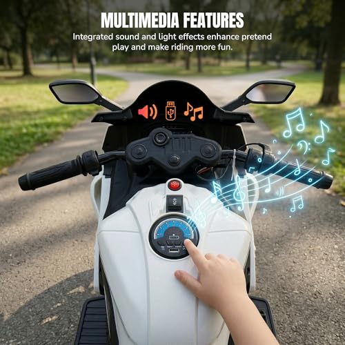 Image of Baybee TORQ Baby Battery Operated Bike for Kids | Ride on Toy with LED Light, Bluetooth & Music | Rechargeable Battery Bikes with Hand Accelerator,Baby Electric Bike for Kids 1 to 5 Years (White Pro)