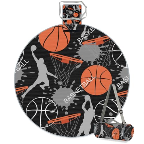 Shimoshe Art Basketball Picnic Outdoor Blanket Foldable Waterproof Sandproof Beach Blanket Portable Water-Resistant Round Picnic Mat for Travel Camping Park Lawn