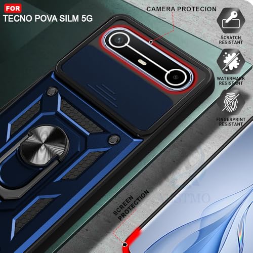 Image of AESTMO Tough Armor Tecno Pova Slim 5G Bumper Back Case Cover | Ring Holder & Sliding Camera Shield Cover | 360 Degree Protection Back Case Cover for Tecno Pova Slim 5G (Blue)