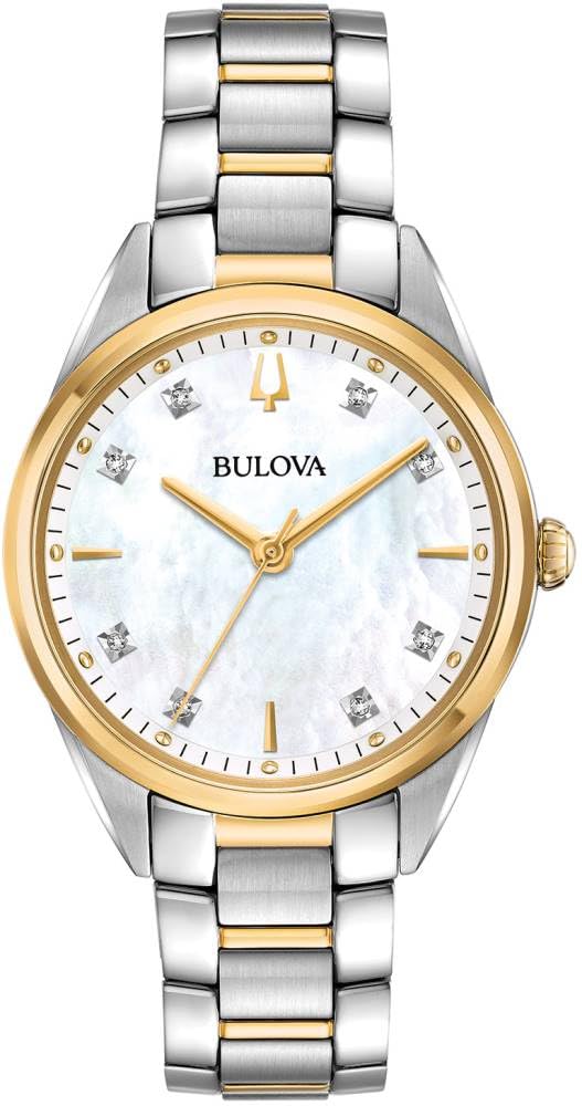 Bulova Ladies' Sutton Two-Tone Stainless Steel 3-Hand Quartz, White Mother-of-Pearl Dial, Sapphire Crystal, Diamond Dial Style: 98P184
