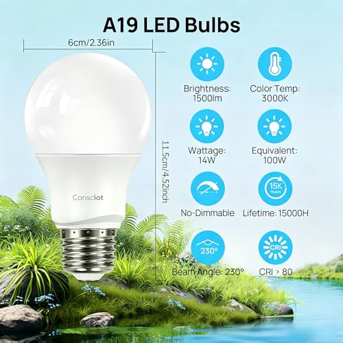 Image of Consciot A19 LED Light Bulb,100W Equivalent,14W 3000K Warm White,E26 Base,1500 Lumens Non-Dimmable,Energy Efficient LED Light Bulbs,UL Listed for Home Lighting,5-Pack