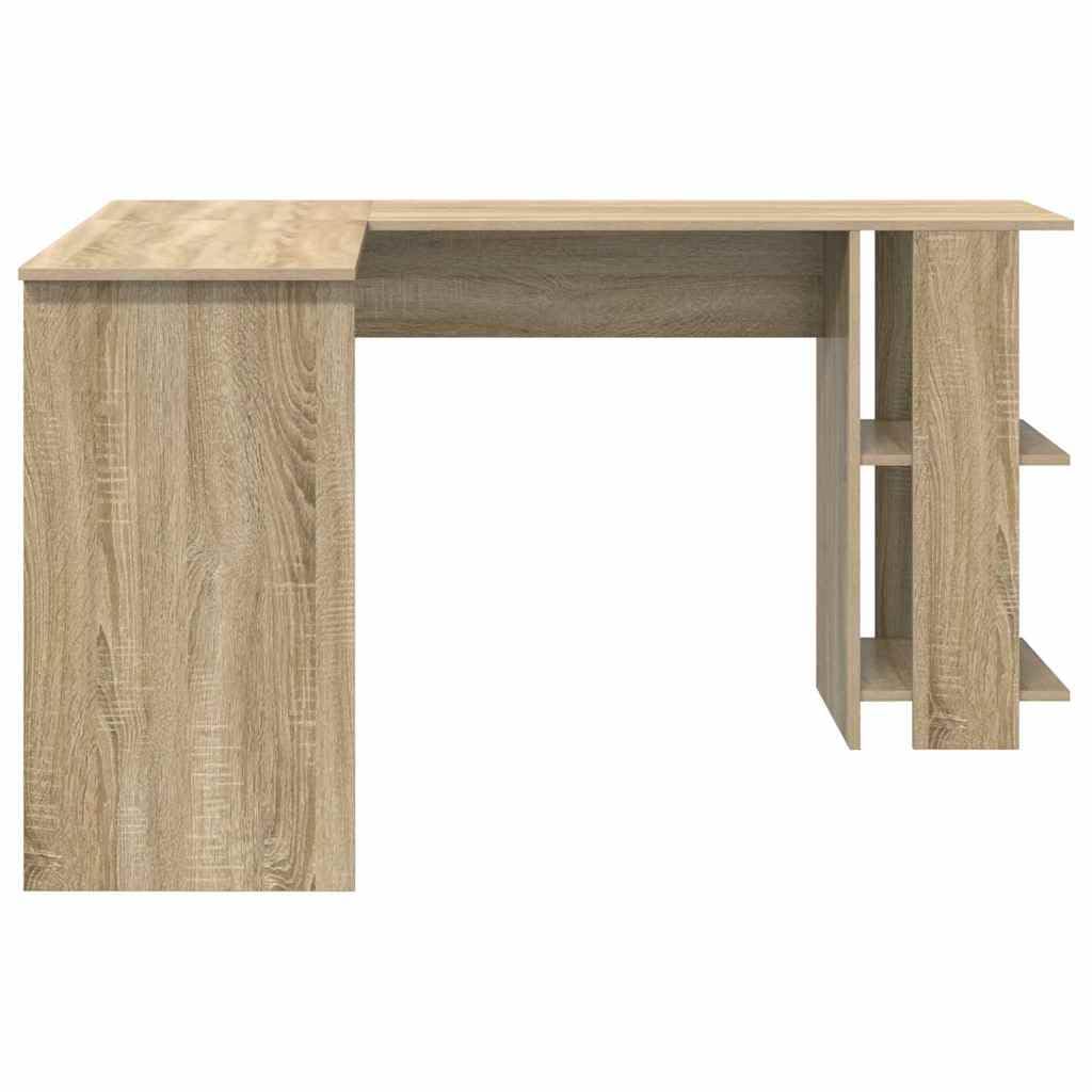 Moderna scrivania angolare in rovere Sonoma, 140 x 113,5 x 75 cm, con ripiani, area di lavoro compatta per ufficio e gaming, scrivania per computer durevole con spazio di archiviazione